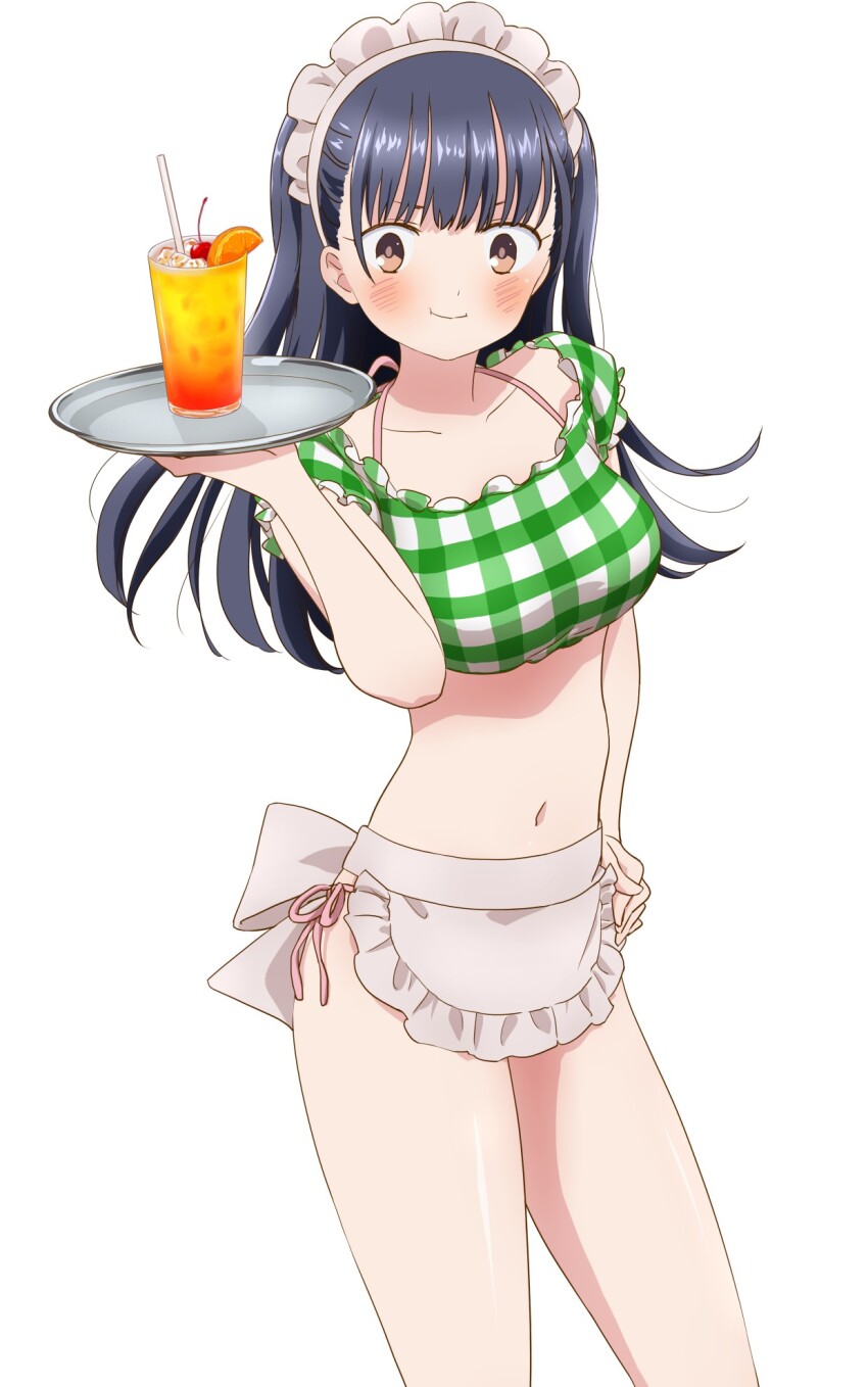 1girl, alternate_costume, apron, bikini, bikini_under_clothes, blue_hair, boku_no_kokoro_no_yabai_yatsu, breasts
