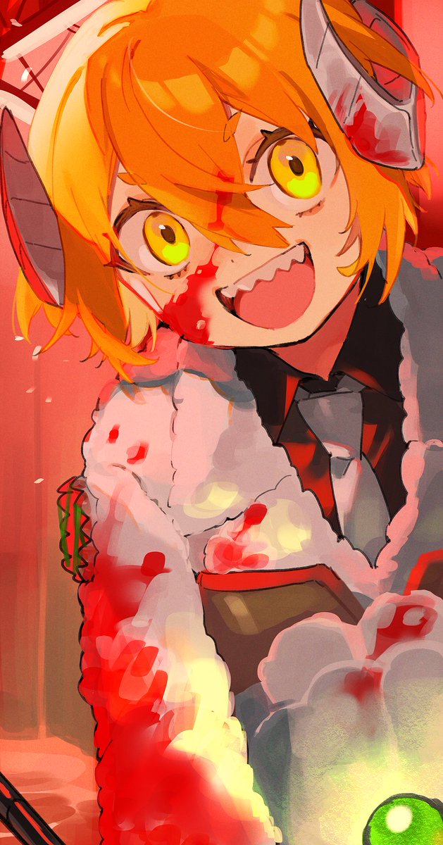 1girl, :d, black_shirt, blood, blood_in_hair, blood_on_clothes, blood_on_face, collared_shirt