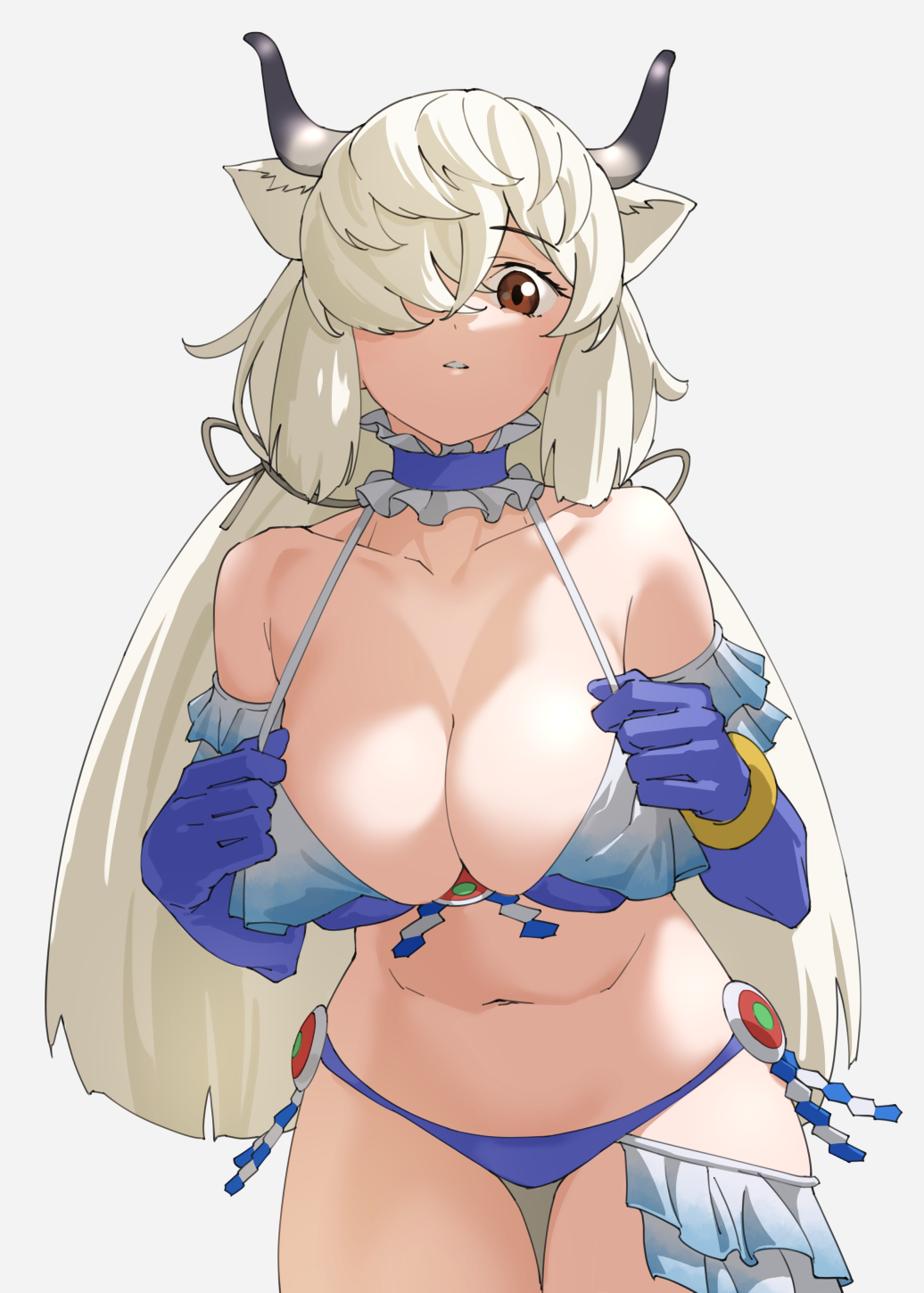 1girl, bare_shoulders, bikini, blue_bikini, blue_choker, blue_gloves, breasts, brown_eyes