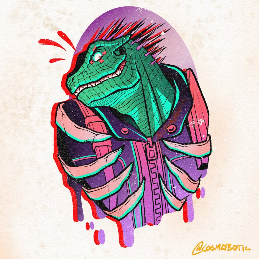 1boy, animal_head, caiman_(dorohedoro), cropped_torso, csmbtc, dorohedoro, green_scales, grin