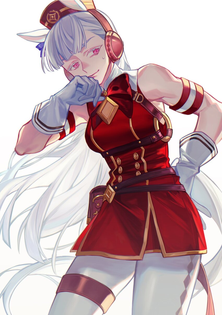 1girl, animal_ears, breasts, ccchiye, chinese_commentary, closed_mouth, commentary_request, dress, gloves, gold_ship_(red_strife)_(umamusume), gold_ship_(umamusume), grey_hair, highres, horse_ears, horse_girl, long_hair, medium_breasts, pillbox_hat, pink_eyes, red_dress, simple_background, solo, standing, umamusume, very_long_hair, white_background, white_gloves