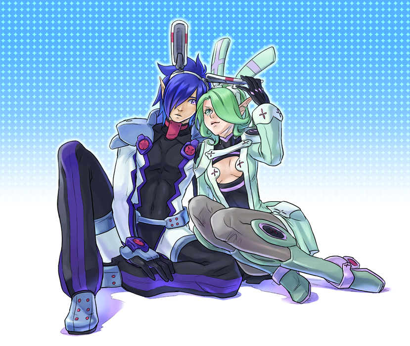 1boy, 1girl, animal_ears, bad_id, bad_pixiv_id, blue_hair, bodysuit, cleavage_cutout, clothing_cutout, couple, eye_contact, fake_animal_ears, green_eyes, green_hair, hair_ornament, hair_over_one_eye, hetero, hunewearl, hunewm, kino_mukuge, looking_at_another, phantasy_star, phantasy_star_zero, pointy_ears, purple_eyes, sitting, yokozuwari