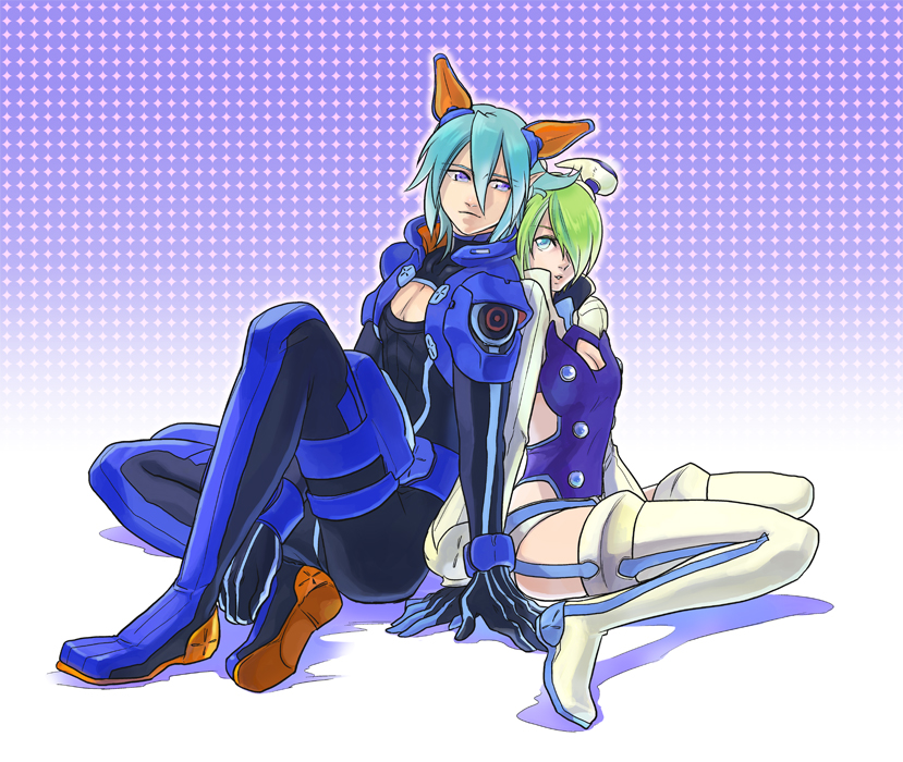 1boy, 1girl, aqua_eyes, aqua_hair, back-to-back, bad_id, bad_pixiv_id, blue_eyes, bodysuit, boots, cleavage_cutout, clothing_cutout, couple, green_hair, hair_ornament, hair_over_one_eye, hetero, hunewearl, hunewm, kino_mukuge, phantasy_star, phantasy_star_zero, pointy_ears, short_hair, side_cutout, squatting, thigh_boots, thighhighs