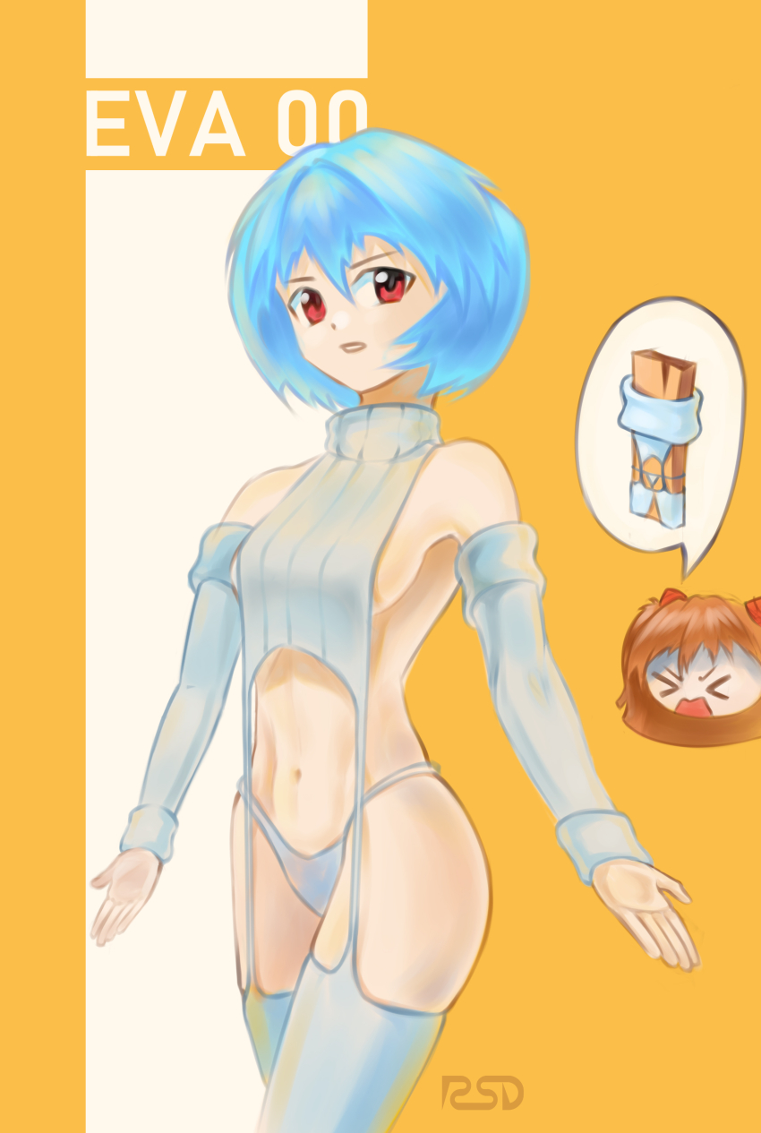 2girls, absurdres, ayanami_rei, backless_outfit, bare_shoulders, belly, blue_hair, breasts, chibi, highres, medium_breasts, multiple_girls, neon_genesis_evangelion, panties, red_eyes, ribbed_legwear, ribbed_sleeves, ribbed_sweater, sideboob, simple_background, souryuu_asuka_langley, standing, starflight, sweater, turtleneck, turtleneck_sweater, underwear, virgin_destroyer_sweater, white_panties