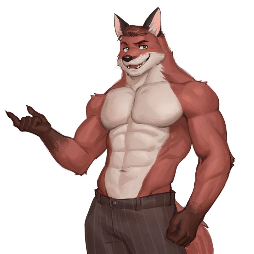 1boy, abs, absurdres, animal_ears, brown_pants, commentary, echo_project, english_commentary, fangs, fox_boy, fox_ears, fox_tail, furry, furry_male, green_eyes, highres, looking_at_viewer, male_focus, murdoch_byrnes_(the_smoke_room), muscular, muscular_male, open_mouth, pants, pectorals, pinstripe_pants, pinstripe_pattern, smile, tail, the_smoke_room, tigre_(raytig12), topless_male, whiskers, white_background