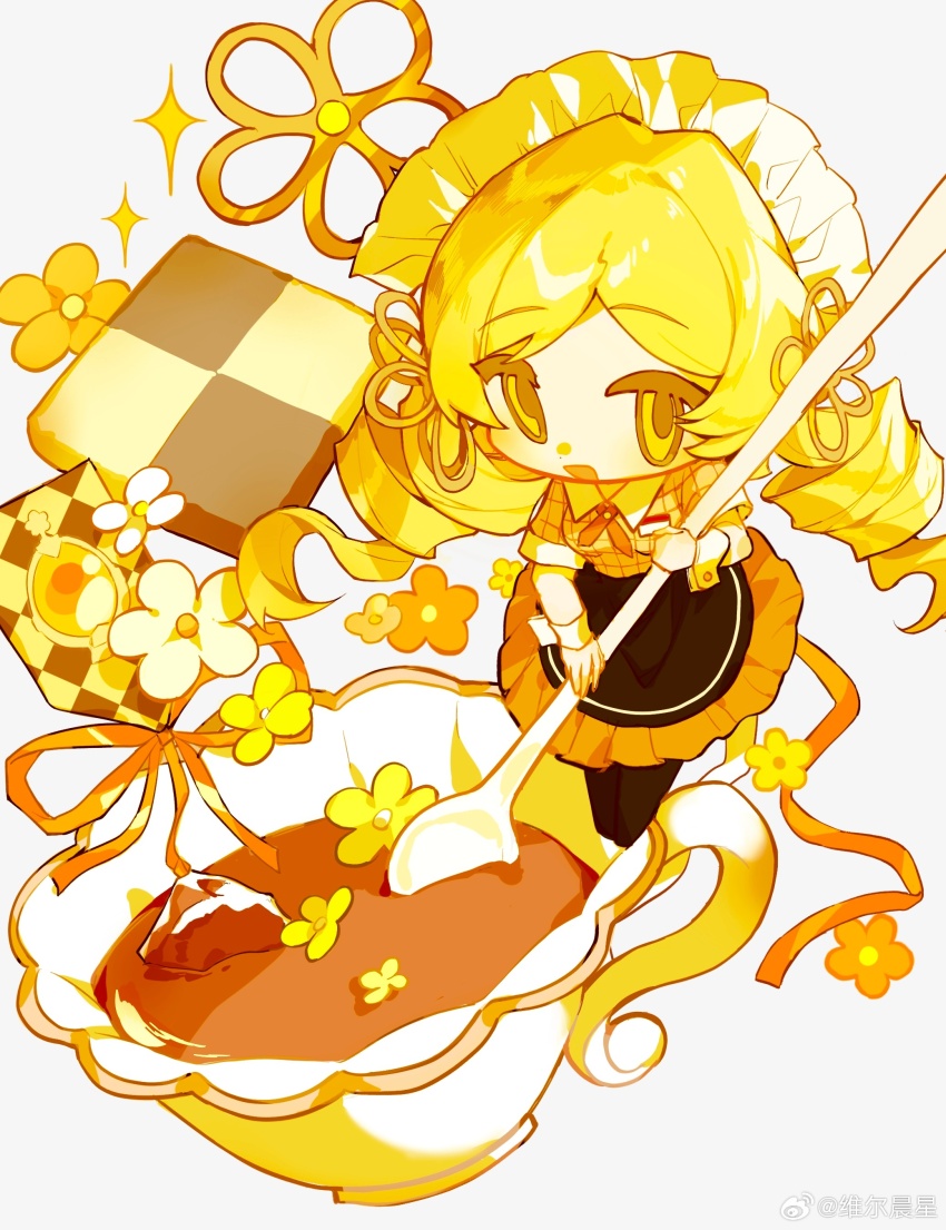 1girl, absurdres, alternate_costume, black_boots, black_skirt, blonde_hair, boots, chibi
