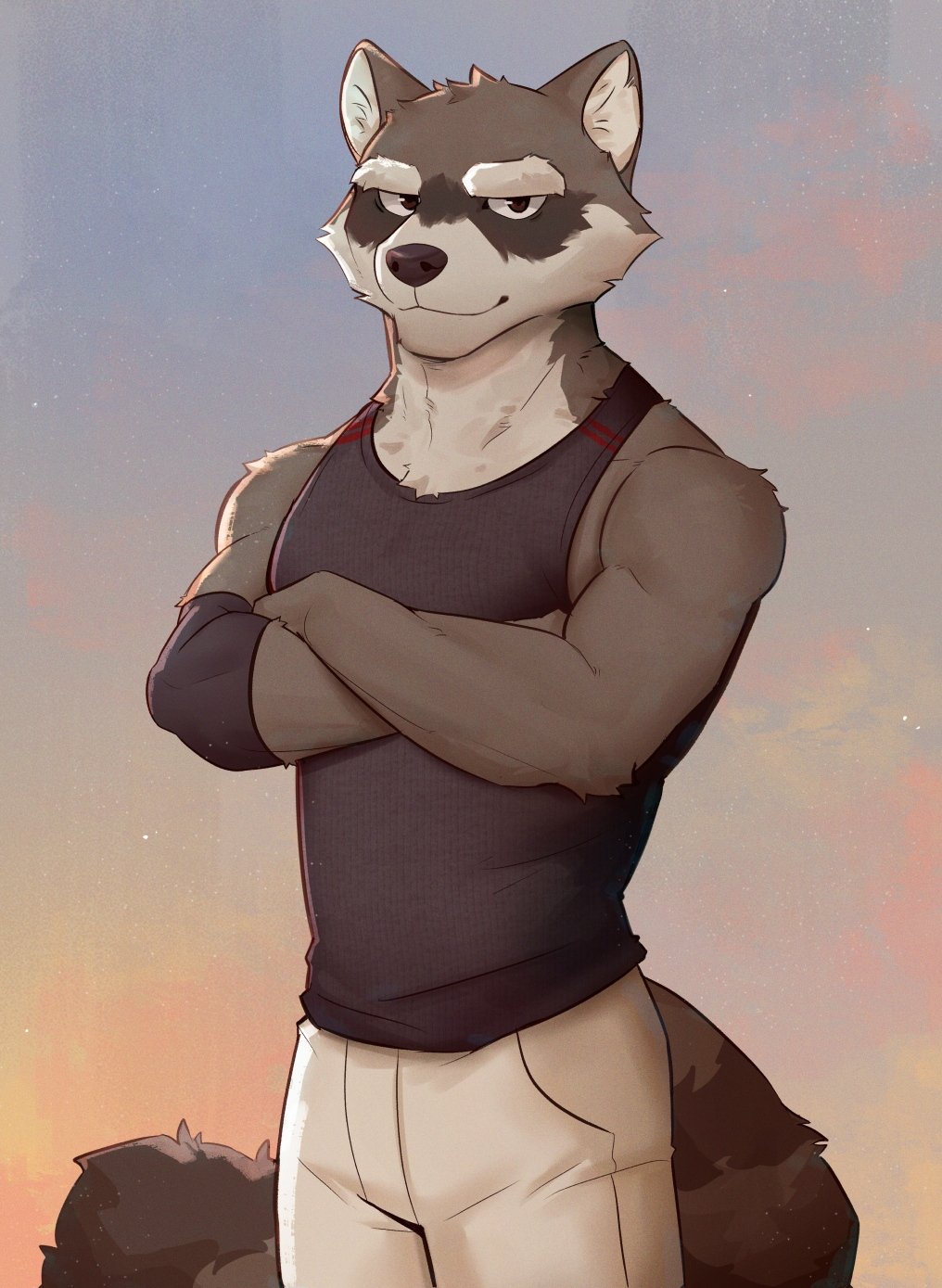 1boy, 9klipse, animal_ears, black_tank_top, commentary, crossed_arms, dusk, echo_(visual_novel)