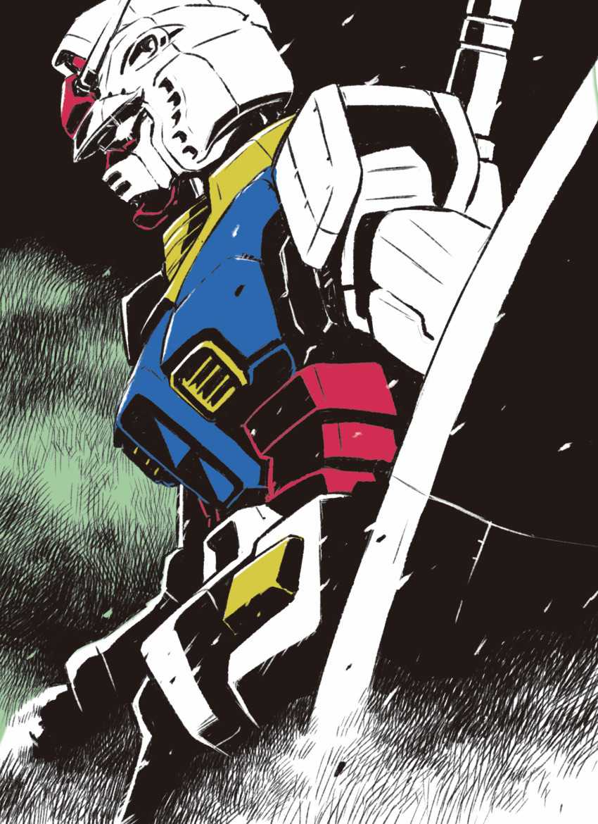 1970s_(style), absurdres, commentary_request, from_side, glowing, glowing_eye, gundam, highres, looking_ahead, mecha, mobile_suit, mobile_suit_gundam, nakanishi_kent, no_humans, oldschool, profile, retro_artstyle, robot, rx-78-2_gundam, science_fiction, shield, solo, v-fin