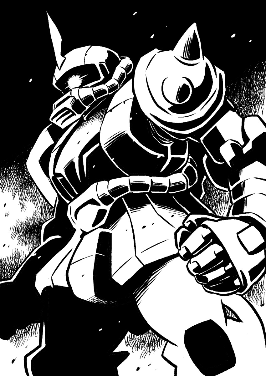 arms_at_sides, clenched_hand, commentary, cowboy_shot, glowing, glowing_eye, greyscale, gundam