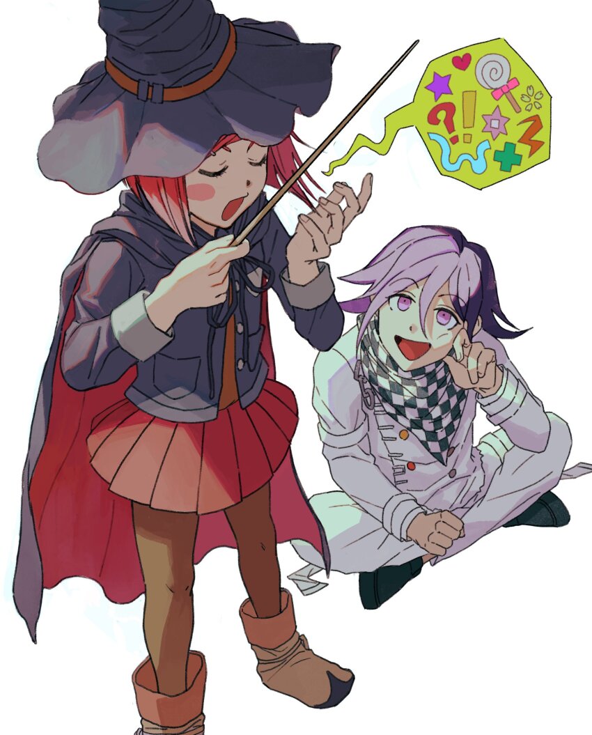 1boy, 1girl, absurdres, black_cape, black_headwear, black_jacket, black_ribbon, blush_stickers, brown_vest, cape, checkered_clothes, checkered_scarf, danganronpa_(series), danganronpa_v3:_killing_harmony, grey_jacket, grey_pants, hat, highres, holding, holding_wand, jacket, long_sleeves, looking_at_another, miniskirt, nasubinonono, neck_ribbon, oma_kokichi, pants, pleated_skirt, red_cape, red_skirt, ribbon, scarf, shoes, simple_background, skirt, smile, speech_bubble, two-tone_cape, vest, wand, white_background, witch_hat, yumeno_himiko