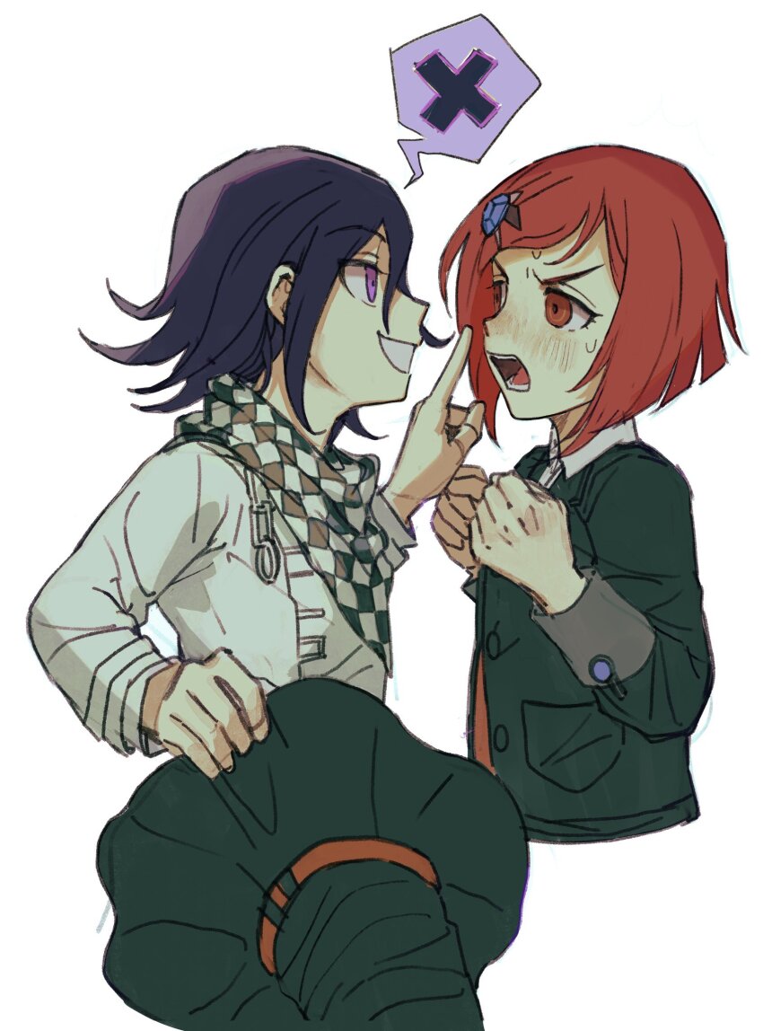 1boy, 1girl, black_hair, blush, brown_vest, checkered_clothes, checkered_scarf, cropped_torso