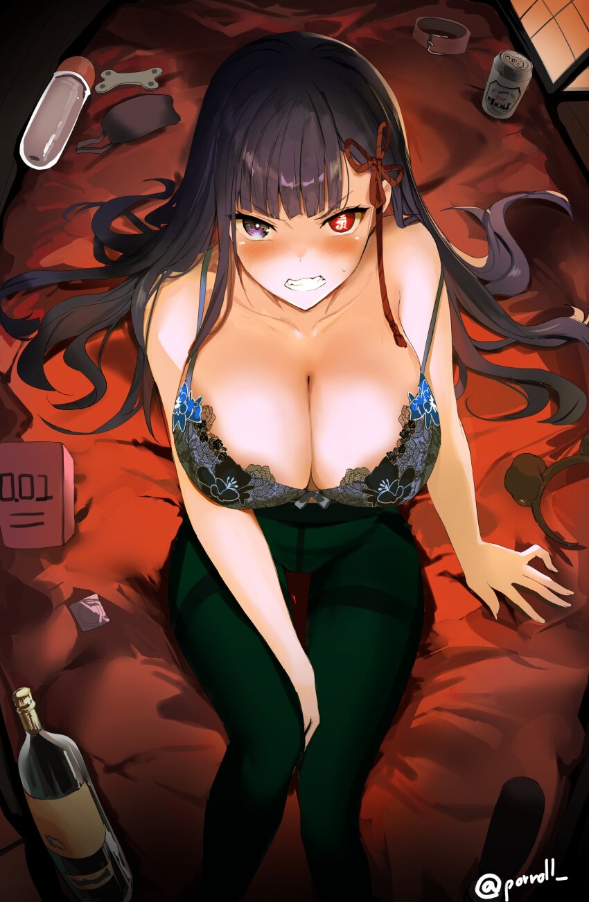 1girl, absurdres, angry, animal_collar, animal_ears, bed, black_hair, black_pantyhose, blush, bottle, bra, breasts, cleavage, clenched_teeth, collar, collarbone, condom, condom_wrapper, dog_ears, fake_animal_ears, highres, large_breasts, long_hair, looking_at_viewer, mato_seihei_no_slave, pantyhose, porroll, purple_eyes, red_eyes, sitting, symbol-shaped_pupils, teeth, thighband_pantyhose, thighs, underwear, unworn_collar, unworn_headwear, yamashiro_ren
