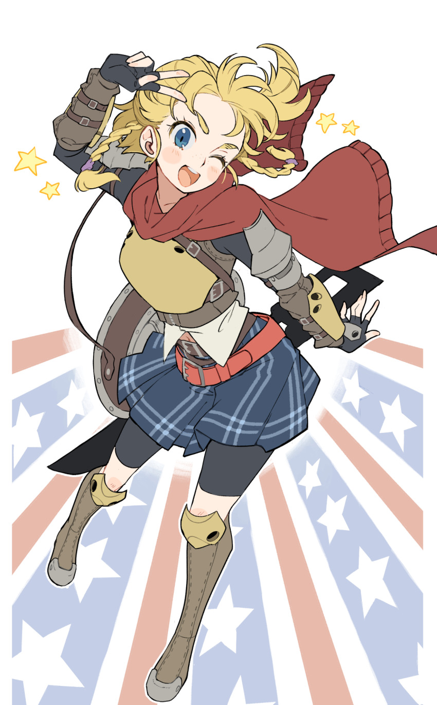 1girl, armor, belt, bike_shorts, blonde_hair, blue_eyes, blush, boots