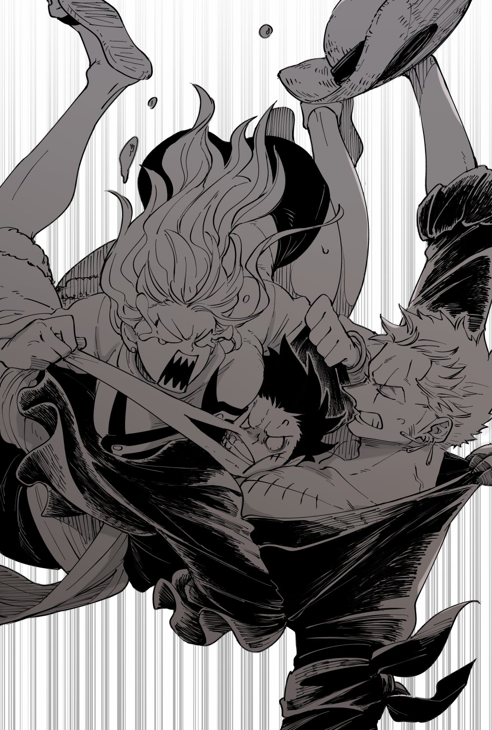 1girl, 2boys, bandana_around_arm, chabo_(niwatori_bosori), commentary_request, crying, earrings, falling