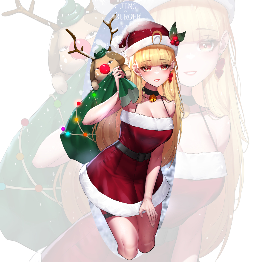 1girl, absurdres, ahoge, antlers, bare_shoulders, bell, black_choker, blonde_hair, blunt_bangs, breasts, character_name, choker, christmas, christmas_ornaments, cleavage, clown_nose, cropped_legs, ddonggangaji_(jingburger), dog, dress, earrings, fake_antlers, fur-trimmed_dress, fur-trimmed_headwear, fur_trim, gift, hat, heart, heart_earrings, highres, holding, holding_sack, horns, jewelry, jingburger, jingle_bell, large_breasts, leaning_forward, long_hair, looking_at_viewer, mole, mole_on_breast, mole_on_thigh, neck_bell, parted_lips, red_dress, red_eyes, red_nose, reindeer_antlers, sack, santa_costume, santa_dress, santa_hat, short_dress, single_earring, snow, solo, spaghetti_strap, strapless, strapless_dress, thigh_strap, thighs, tube_dress, very_long_hair, virtual_youtuber, waktaverse, yeon_do_e