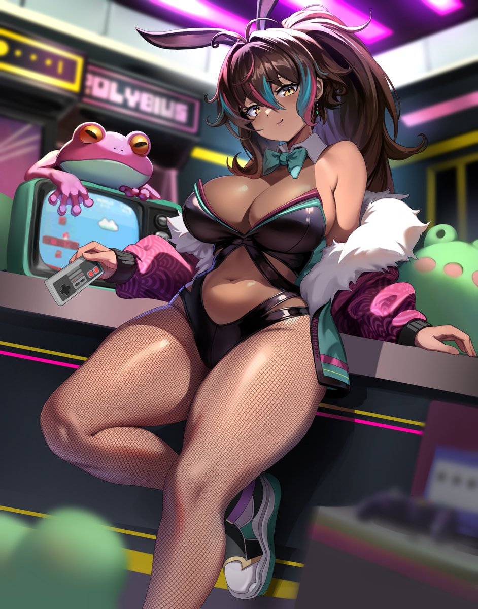 1girl, animal_ears, aqua_jacket, arcade_cabinet, bare_shoulders, black_leotard, blue_hair, blurry