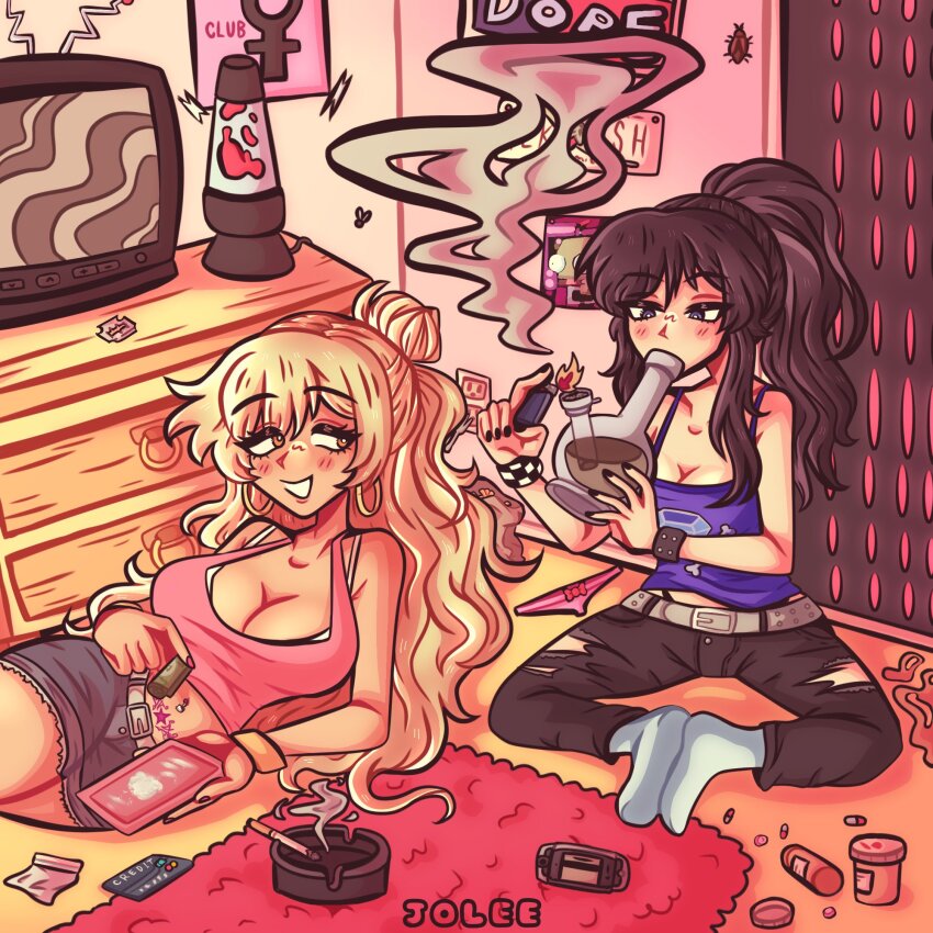 2girls, blonde_hair, bong, breasts, brown_hair, cigarette, class_of_09, cleavage