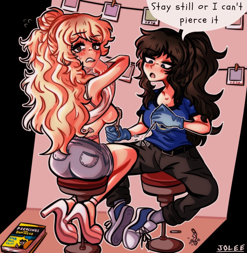 2girls, blonde_hair, breasts, cigarette, class_of_09, clothes_lift, earrings, english_text, forceps, half_updo, highres, holding, holding_needle, hoop_earrings, jecka_(class_of_09), jewelry, joboqs, long_hair, looking_at_viewer, medium_breasts, multiple_girls, needle, nervous, nicole_(class_of_09), shirt_lift, sideboob, speech_bubble, tattoo