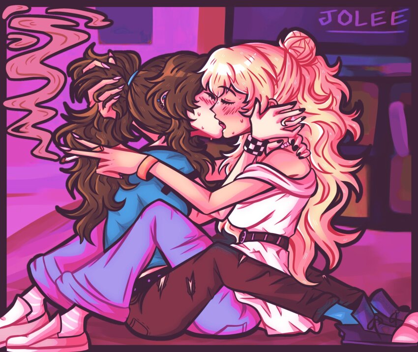 2girls, blonde_hair, blue_shirt, blush, brown_hair, cigarette, class_of_09, closed_eyes, french_kiss, half_updo, highres, holding, holding_cigarette, jecka_(class_of_09), joboqs, kiss, long_hair, multiple_girls, nail_polish, nicole_(class_of_09), shirt, white_shirt, yuri