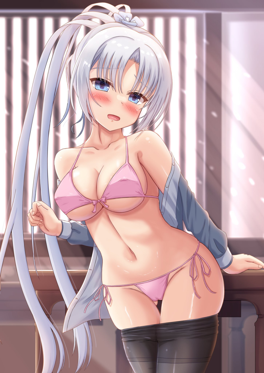 1girl, arm_at_side, bare_shoulders, bikini, black_pantyhose, blue_eyes, blurry, blurry_background