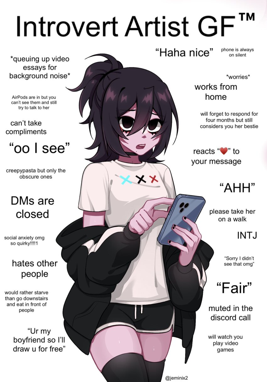 1girl, black_choker, black_eyes, black_jacket, black_nails, black_shorts, black_thighhighs, brown_hair