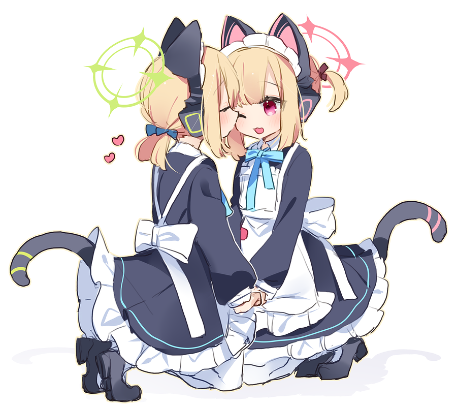 2girls, animal_ear_headphones, animal_ears, apron, black_footwear, blue_archive, blue_ribbon, cat_ear_headphones, cat_ears, closed_eyes, fake_animal_ears, fake_tail, halo, headphones, holding_hands, incest, kiss, kissing_cheek, long_sleeves, low_twintails, maid, maid_apron, maid_headdress, medium_hair, midori_(blue_archive), midori_(maid)_(blue_archive), momoi_(blue_archive), momoi_(maid)_(blue_archive), multiple_girls, neck_ribbon, one_eye_closed, open_mouth, parted_bangs, red_eyes, ribbon, shadow, short_twintails, siblings, sidelocks, simple_background, sisters, tail, twins, twintails, yun_(dust-i1), yuri