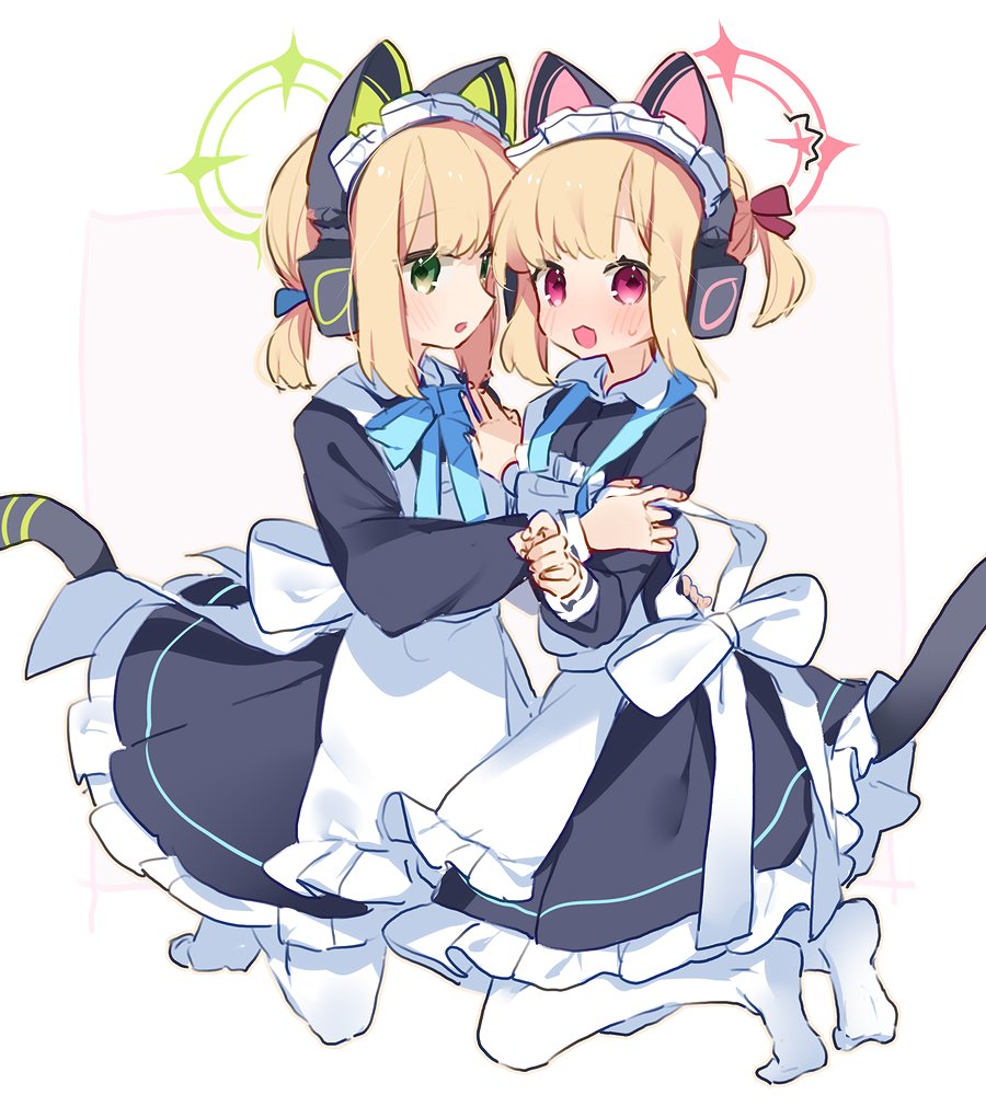 2girls, ^^^, animal_ear_headphones, animal_ears, apron, arm_around_another's_waist, back_bow, black_dress
