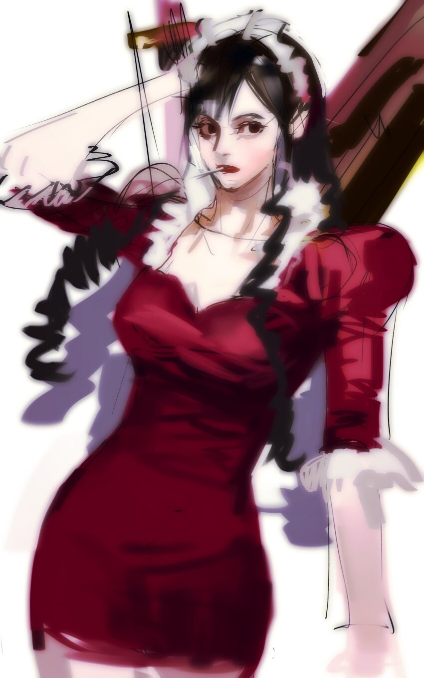 1girl, absurdres, baby_5, black_hair, cigarette, cowboy_shot, gun, highres