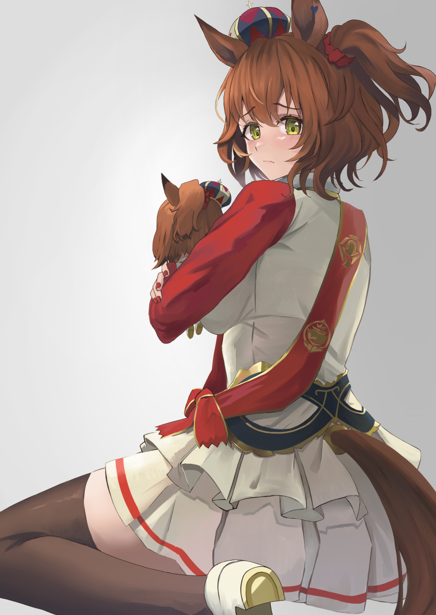 1girl, absurdres, animal_ears, aston_machan_(flare)_(umamusume), aston_machan_(umamusume), black_bow, black_thighhighs, blush