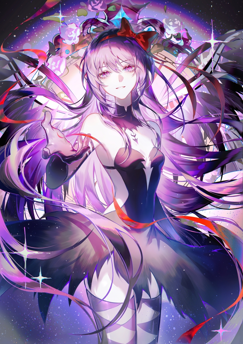1girl, absurdres, akemi_homura, akuma_homura, analog_clock, argyle_clothes, argyle_thighhighs, bare_shoulders, black_collar, black_dress, black_gloves, black_thighhighs, black_wings, bow, chinese_commentary, clock, clothing_cutout, collar, commentary_request, covered_navel, cowboy_shot, dress, elbow_gloves, feathered_wings, floating_hair, flower, gloves, glowing, hair_bow, hairband, highres, legs_together, long_hair, looking_at_viewer, mahou_shoujo_madoka_magica, mahou_shoujo_madoka_magica:_hangyaku_no_monogatari, offering_hand, parted_lips, pink_eyes, pink_flower, pink_rose, purple_eyes, reaching, reaching_towards_viewer, red_bow, red_hairband, red_ribbon, ribbon, rose, side_cutout, smile, solo, sparkle, standing, strapless, strapless_dress, thighhighs, wings, zhumojian