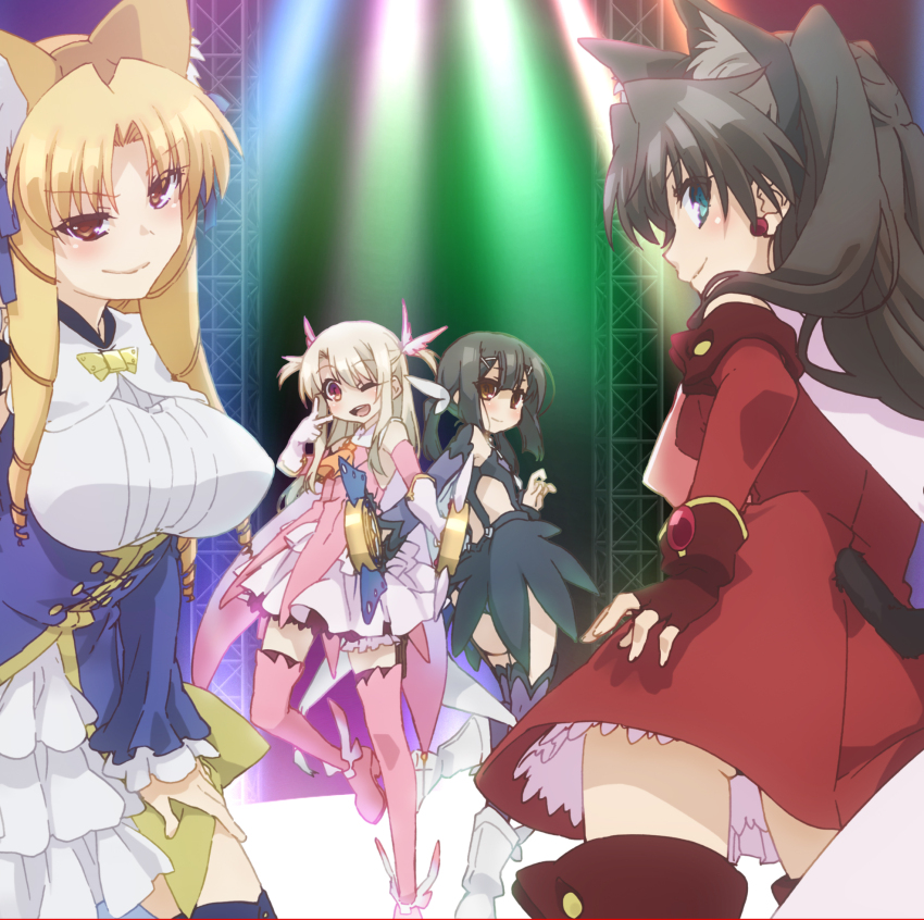4girls, animal_ears, bare_shoulders, black_hair, blonde_hair, blue_eyes, boots, bow