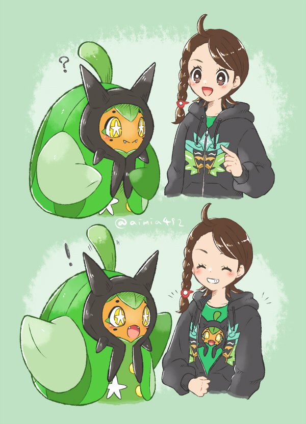 !, 2girls, ?, aimi_(aimia492), braid, brown_hair, fangs, gen_9_pokemon