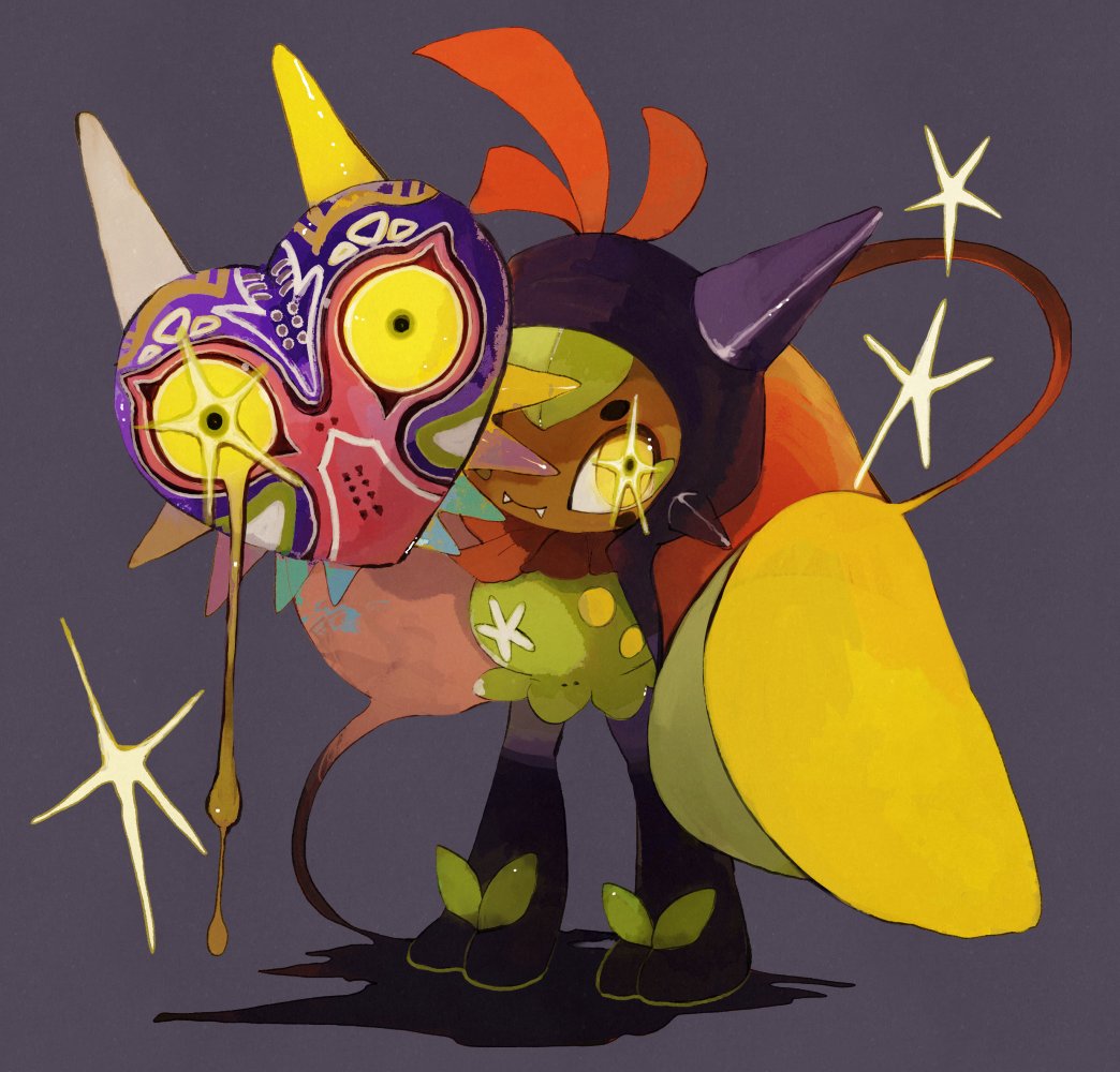 blood, bloody_tears, closed_mouth, colored_skin, corruption, fangs, holding, holding_mask, li04r, majora_(zelda), mask, nintendo, no_humans, ogerpon, orange_skin, pokemon, pokemon_(creature), pokemon_scarlet_and_violet, possessed, possession, smile, standing, star-shaped_pupils, star_(symbol), symbol-shaped_pupils, the_legend_of_zelda, the_legend_of_zelda:_majora's_mask, yellow_eyes