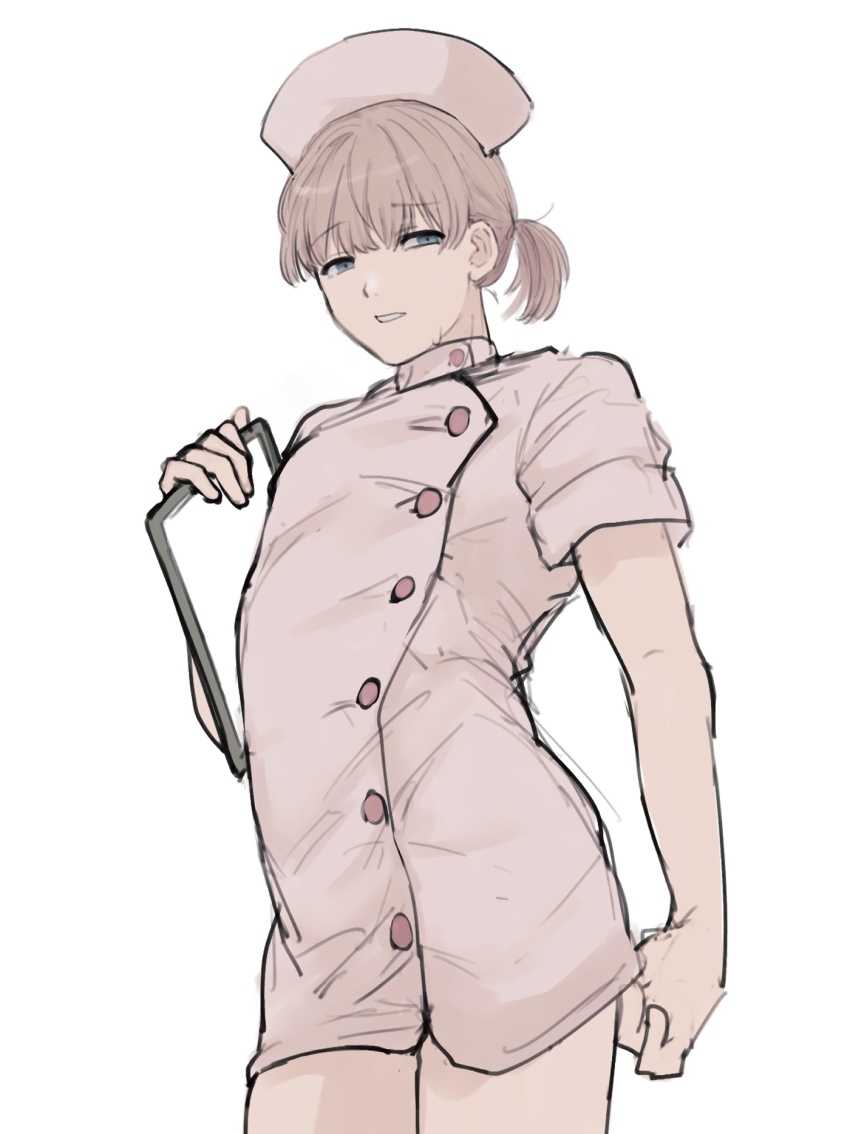 1boy, alternate_costume, blonde_hair, blue_eyes, button_dress, buttons, clipboard, commentary_request