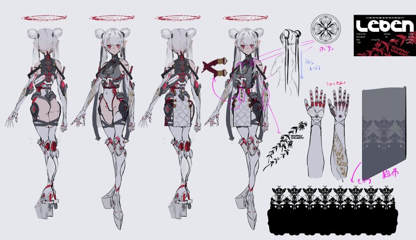 1girl, absurdres, reference_sheet, crymachina, double_bun, hair_bun, halo, highres, leben_distel_(crymachina), long_hair, mechanical_arms, mechanical_legs, official_art, red_eyes, red_halo, robot_girl, rolua, second-party_source, twintails, very_long_hair, white_hair