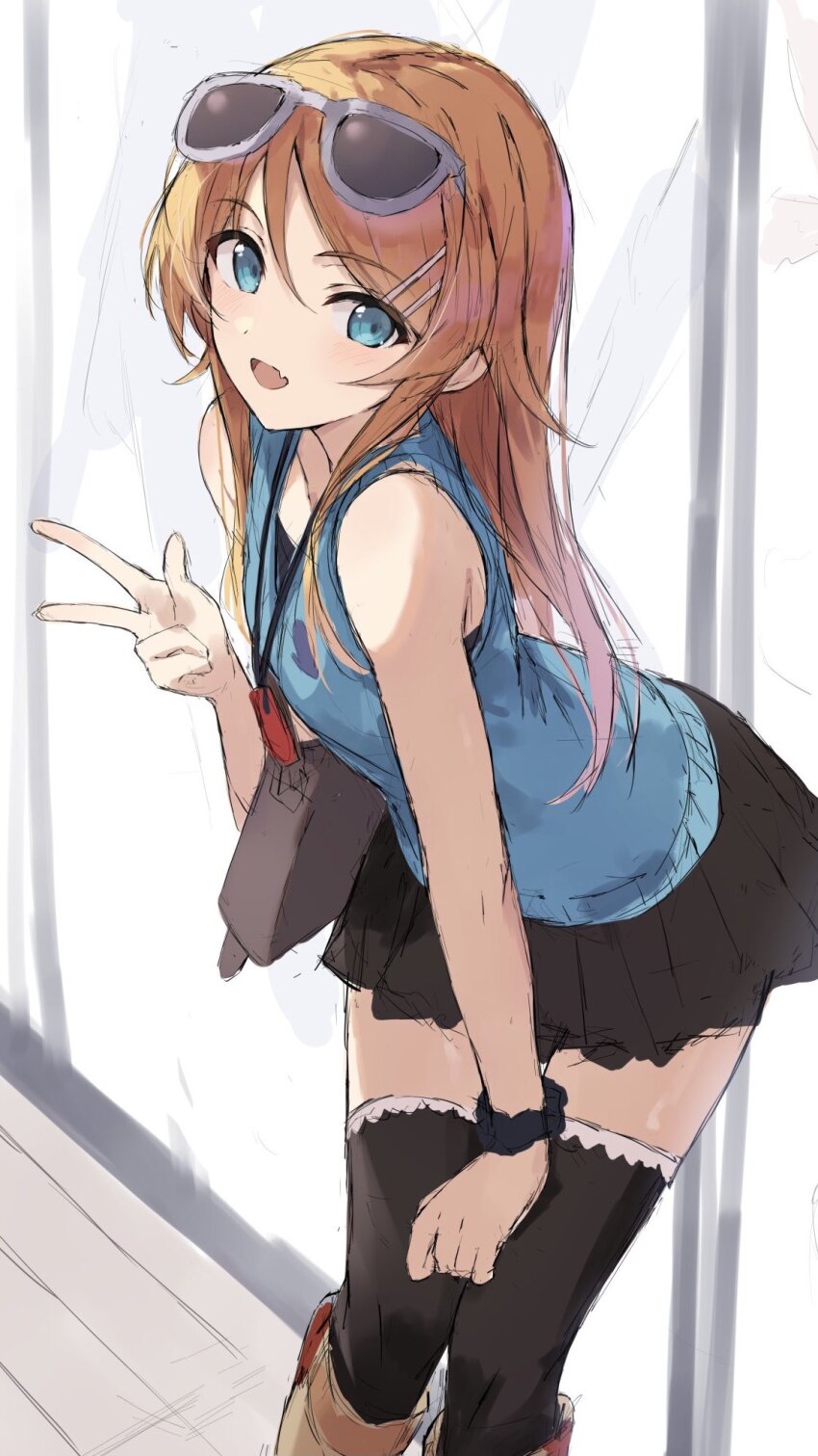 1girl, alternate_costume, black_scrunchie, black_skirt, black_thighhighs, blue_eyes, blue_shirt, blush