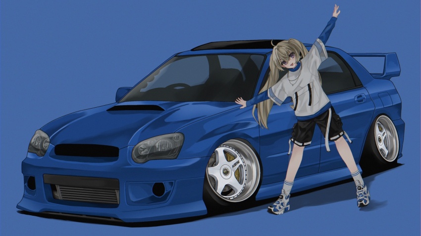 1girl, black_eyes, black_shorts, blonde_hair, blue_background, blue_shirt, grey_footwear, grey_socks