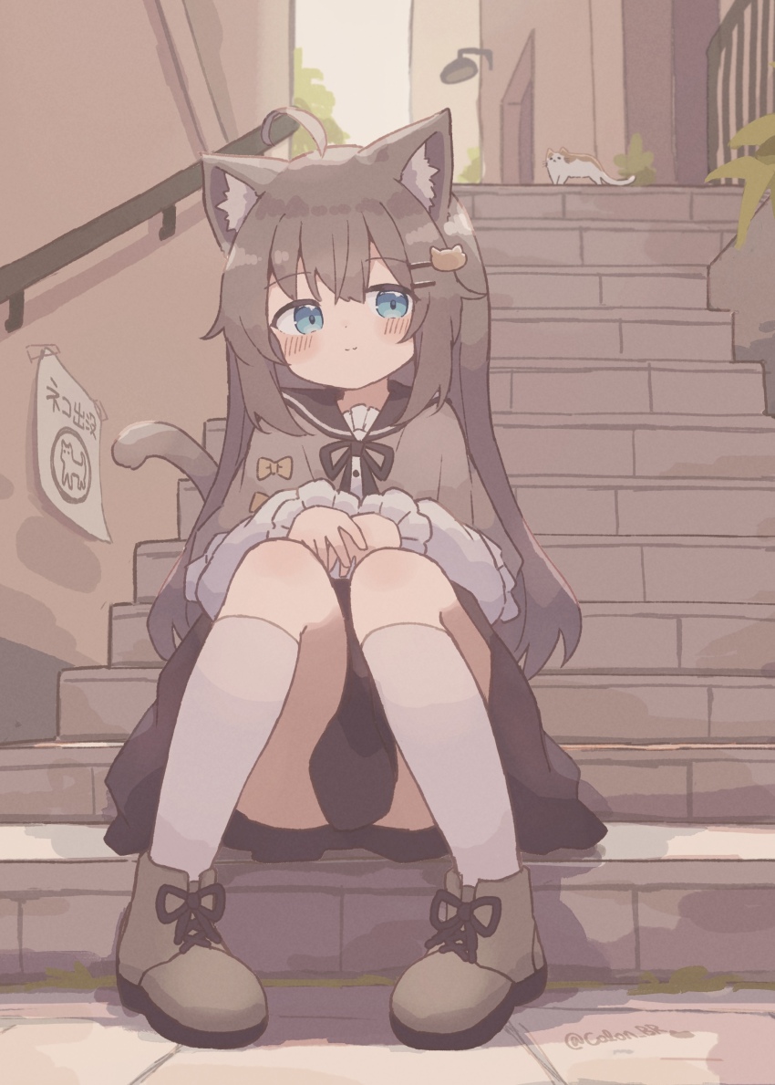 1girl, :3, absurdres, ahoge, alley, animal, animal_ears, ankle_boots