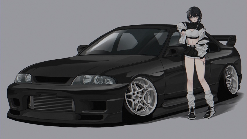 1girl, belt, black_hair, black_shoes, black_skirt, breasts, car, cleavage, cleavage_cutout, clothing_cutout, grey_belt, grey_socks, grey_sports_bra, highres, itou_touma, looking_at_viewer, making-of_available, medium_breasts, midriff, motor_vehicle, navel, nissan, nissan_skyline, nissan_skyline_gt-r, nissan_skyline_r33, original, shadow, shoes, short_hair, shrug_(clothing), skirt, smile, sneakers, socks, solo, spoiler_(automobile), sports_bra, stance_(vehicle), vehicle_focus
