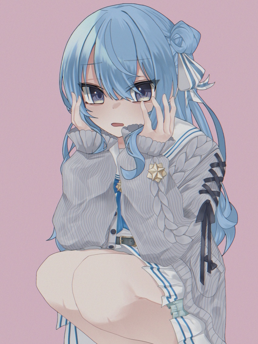 1girl, belt, black_belt, black_ribbon, blue_eyes, blue_hair, blue_neckerchief, cardigan