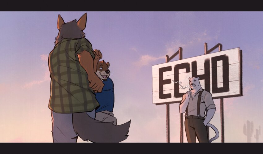 3boys, 9klipse, animal_ears, arches_(visual_novel), black_pants, blue_shirt, cactus, cameron_wilson_(arches)