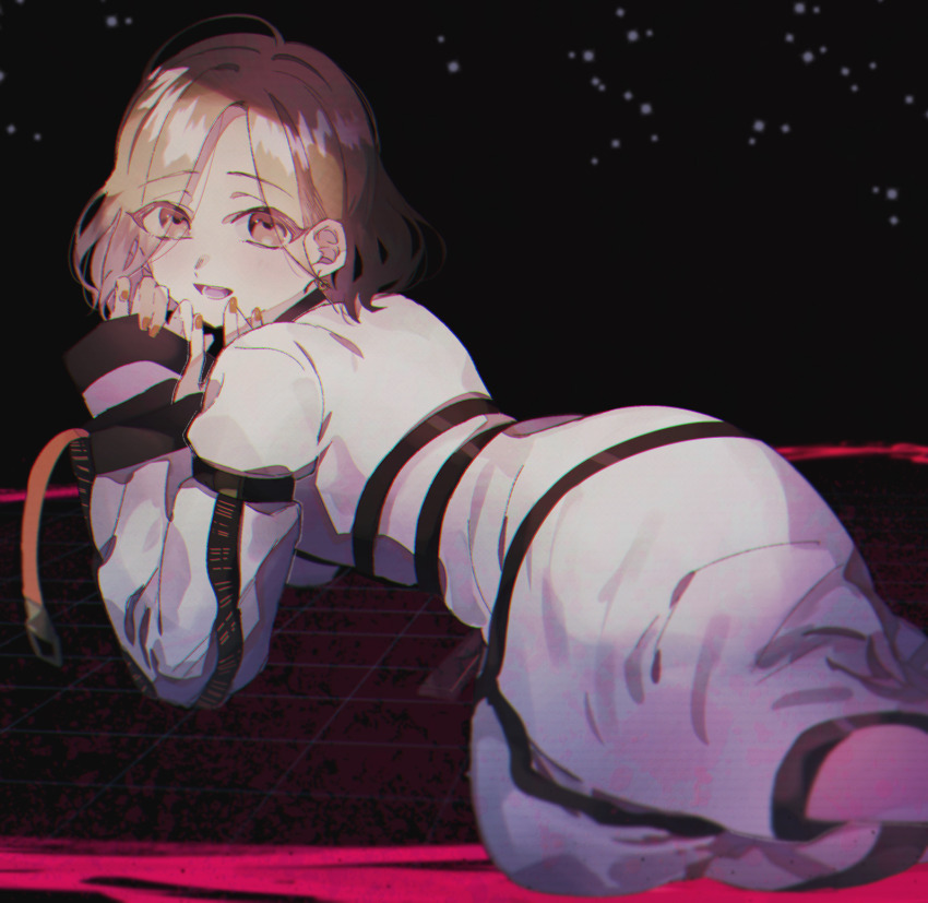 1girl, 4okan23, black_background, brown_eyes, brown_hair, dress, highres, looking_at_viewer