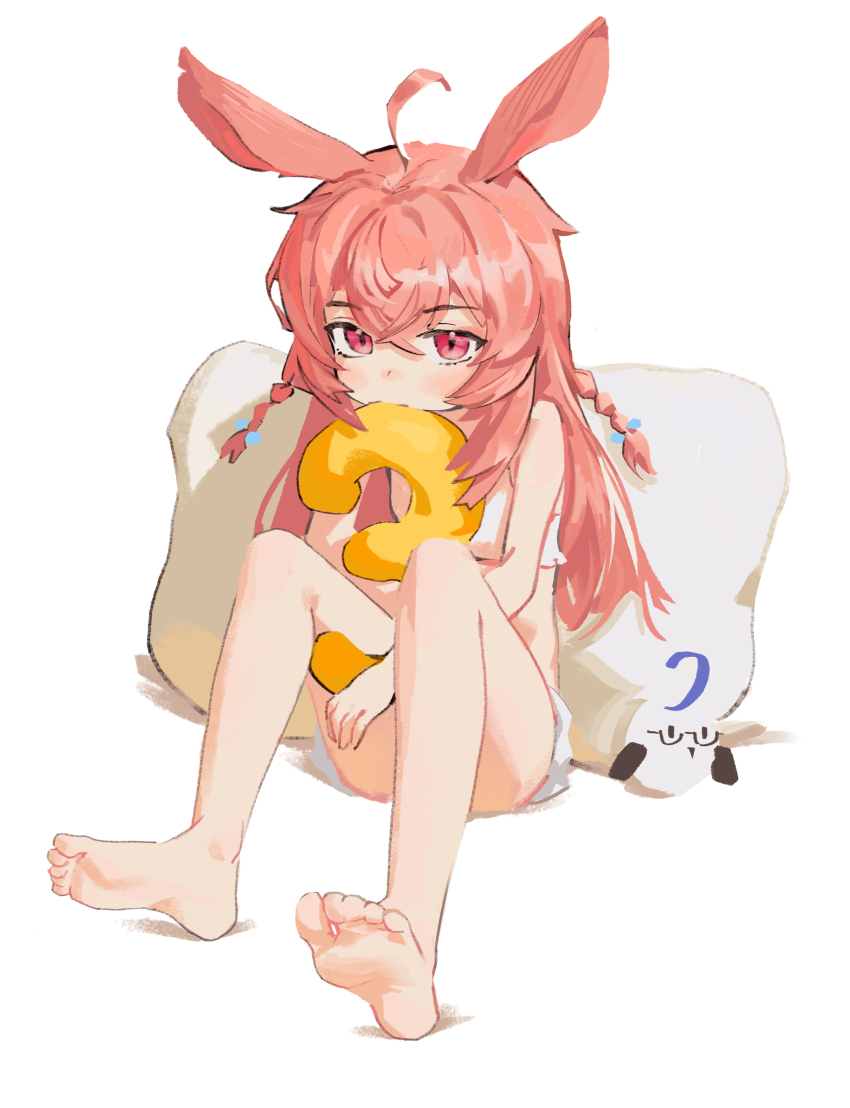 1girl, absurdres, ahoge, animal_ears, bare_legs, barefoot, blush, braid, chunkyeggy, commentary, crossed_bangs, english_commentary, feet, full_body, hair_ornament, highres, holding, knees_up, legs, long_hair, looking_at_viewer, phase_connect, pillow, pink_eyes, pink_hair, pipkin_pippa, rabbit_girl, sidelocks, simple_background, sitting, soles, solo, toes, virtual_youtuber, white_background
