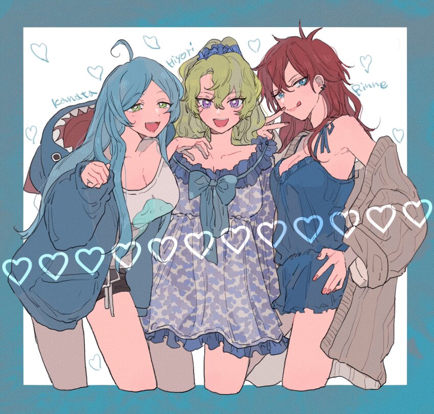 3girls, ahoge, amagi_rinne, black_shorts, blue_eyes, blue_hair, blue_jacket, blue_shorts, blue_tank_top, breasts, brown_cardigan, cardigan, character_name, cleavage, cropped_legs, dppy_tmg, dress, ensemble_stars!, genderswap, genderswap_(mtf), green_eyes, green_hair, grey_dress, grey_tank_top, hand_on_own_hip, highres, jacket, long_hair, multicolored_dress, multiple_girls, pajamas, purple_dress, purple_eyes, red_hair, shinkai_kanata, shorts, tank_top, tomoe_hiyori