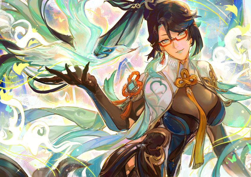 1girl, aqua_eyes, aqua_lips, bodystocking, breasts, chinese_clothes, cloud_retainer_(genshin_impact), colored_inner_hair