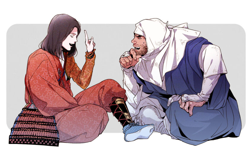 2boys, akatsuki_wo_tsugu, black_hair, border, fingernails, from_side, galadecaras, hand_on_own_knee, hood, japanese_clothes, knuckle_hair, long_hair, long_sleeves, looking_at_another, male_focus, mature_male, minamoto_no_yoshitsune_(real_life), multiple_boys, musashibou_benkei_(real_life), open_mouth, sparse_stubble, sweatdrop, white_border