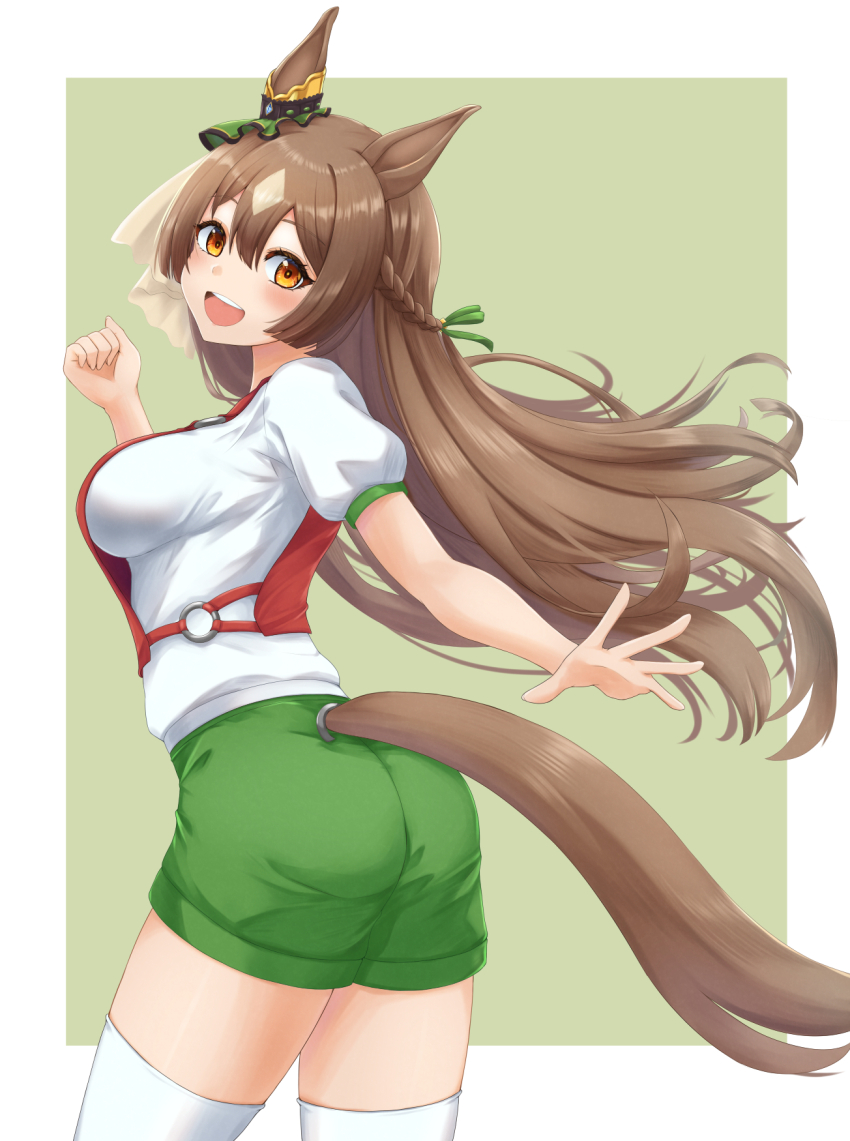 1girl, animal_ears, braid, brown_hair, clenched_hand, clothing_cutout, commentary, ear_scrunchie