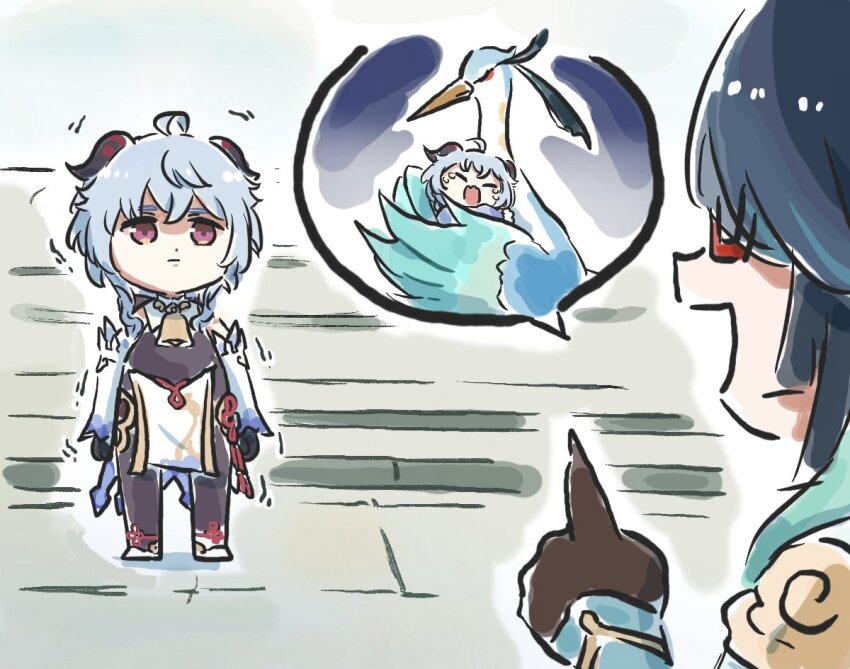 2girls, :|, aged_down, ahoge, bell, bird, blue_hair, chibi