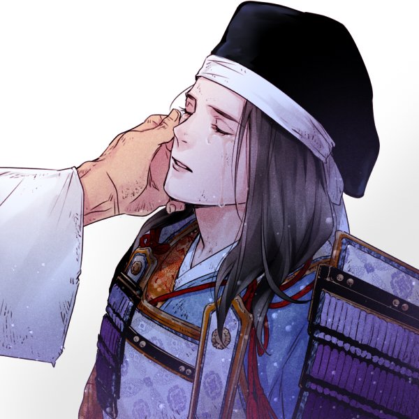 2boys, akatsuki_wo_tsugu, armor, black_headwear, brown_hair, closed_eyes, eyelashes, galadecaras