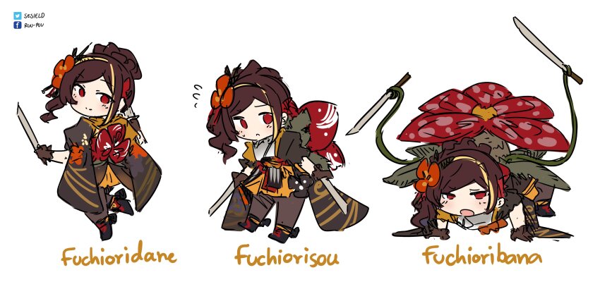 1girl, absurdres, all_fours, brown_hair, character_name, chibi, chiori_(genshin_impact), cosplay, dual_wielding, facebook_logo, facebook_username, flower, flying_sweatdrops, full_body, gen_1_pokemon, genshin_impact, hairband, highres, holding, holding_weapon, japanese_clothes, kimono, light_smile, long_hair, looking_at_viewer, multiple_views, nintendo, parody, pokemon, sesield, simple_background, standing, standing_on_one_leg, tentacles, twitter_logo, twitter_username, venusaur, venusaur_(cosplay), weapon, white_background, wide_sleeves